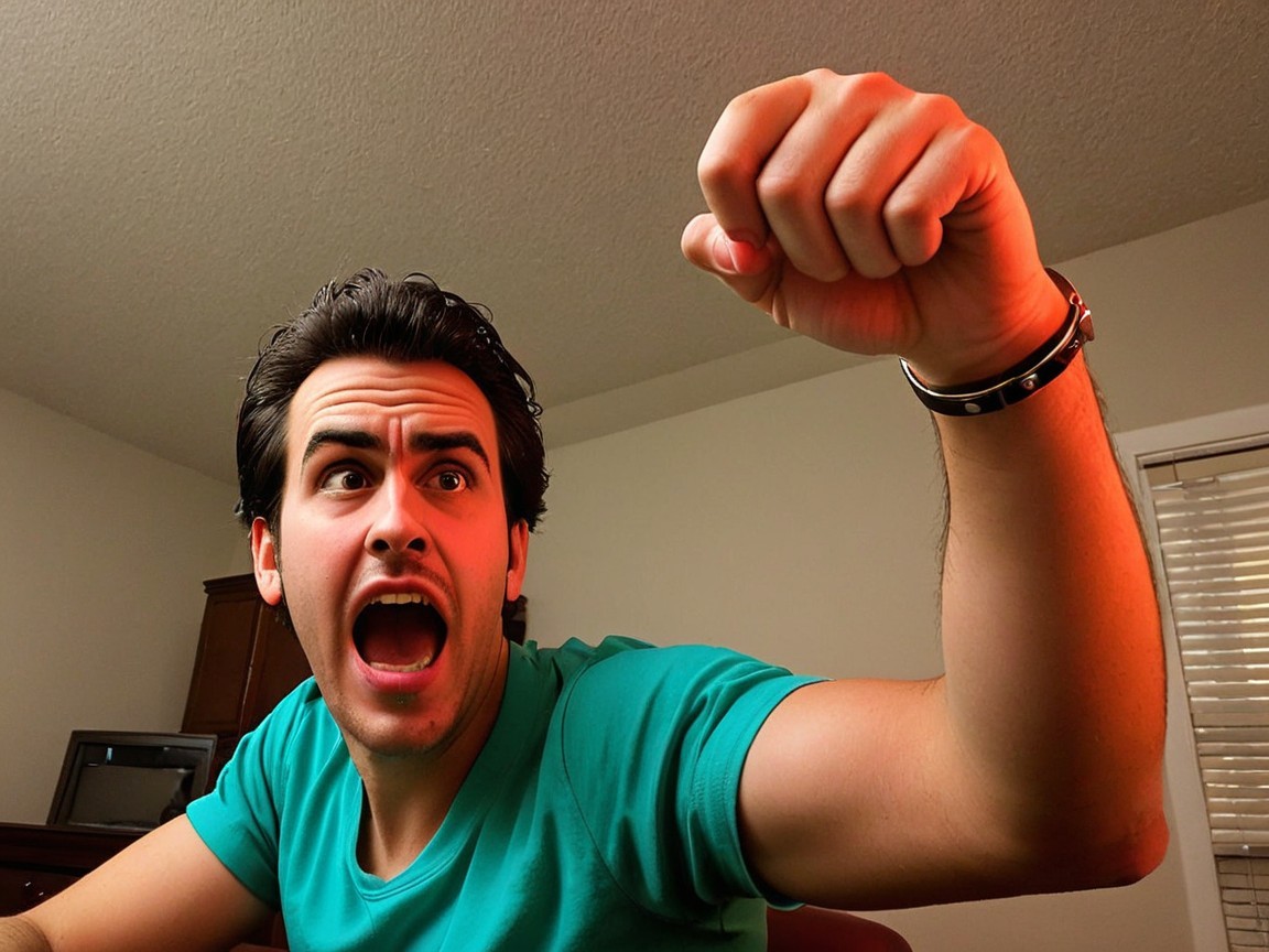 Young man with dark hair expressing intense emotion