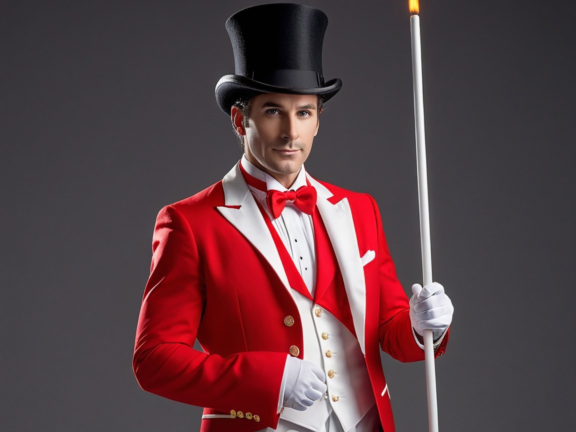 Dapper Man in Red Tailcoat and Top Hat with Cane
