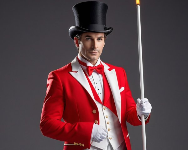 Dapper Man in Red Tailcoat and Top Hat with Cane