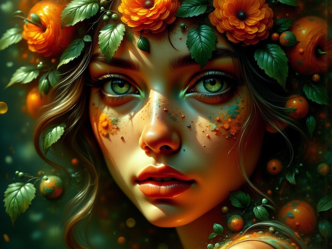 Portrait of a woman with orange flower crown and greenery