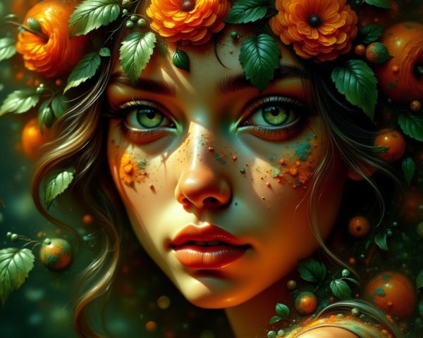 Portrait of a woman with orange flower crown and greenery