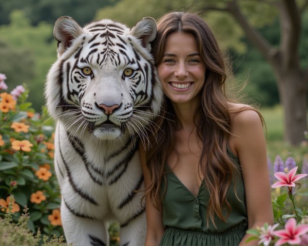 Young Woman Smiling with White Tiger in Garden