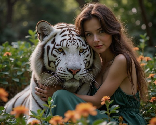 Young Woman and White Tiger in Vibrant Garden Scene