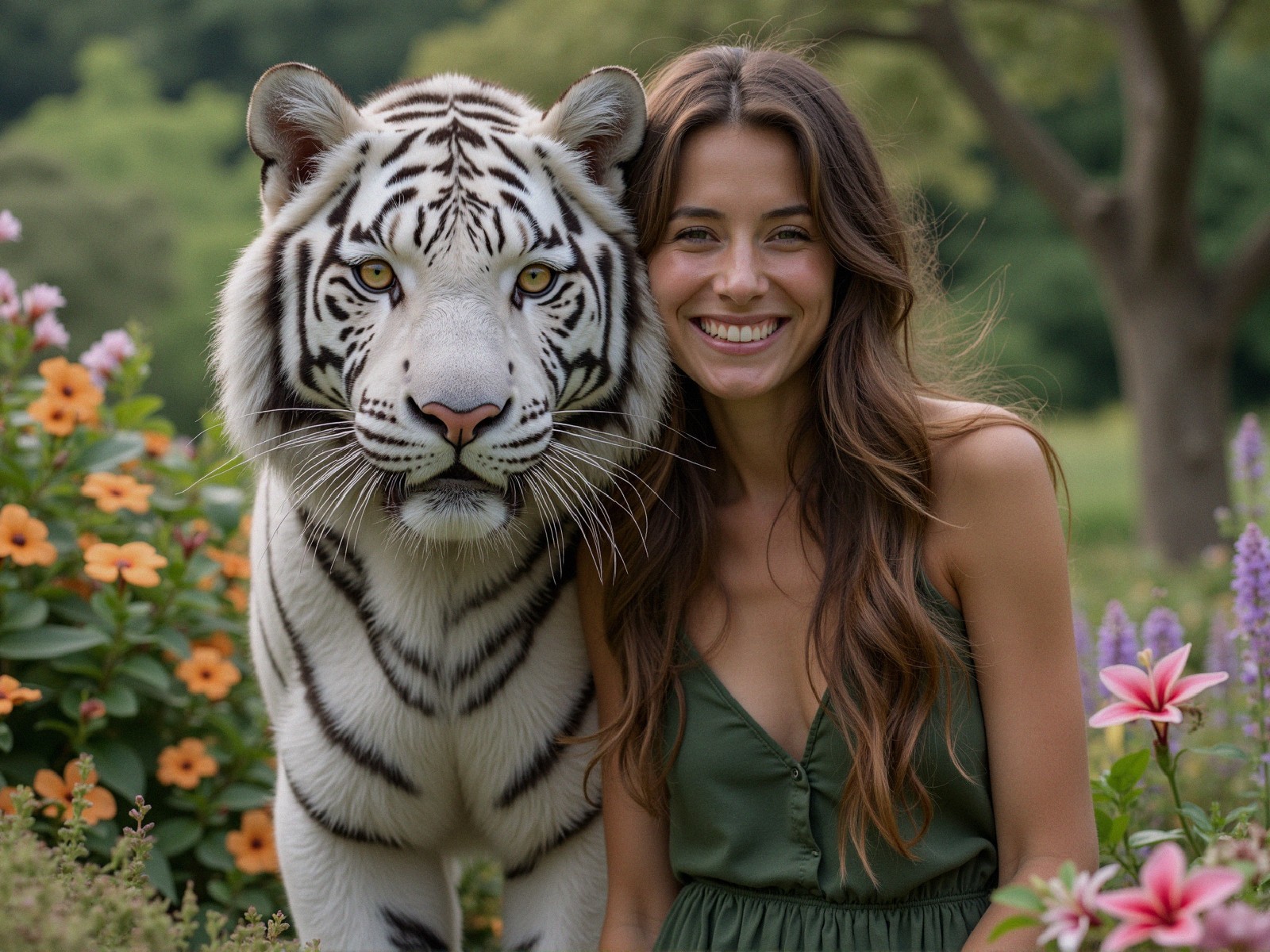 Young Woman Smiling with White Tiger in Garden
