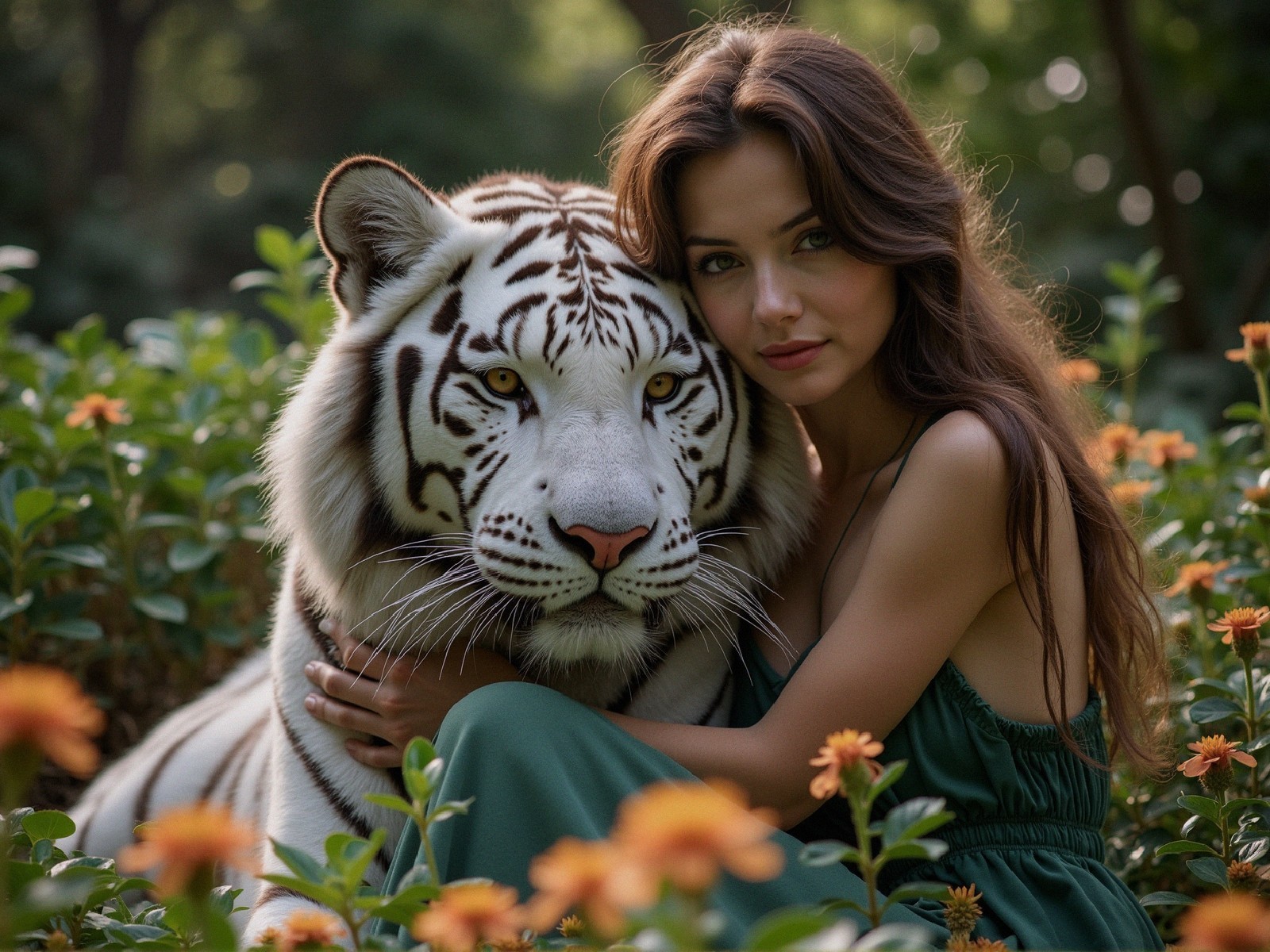 Young Woman and White Tiger in Vibrant Garden Scene