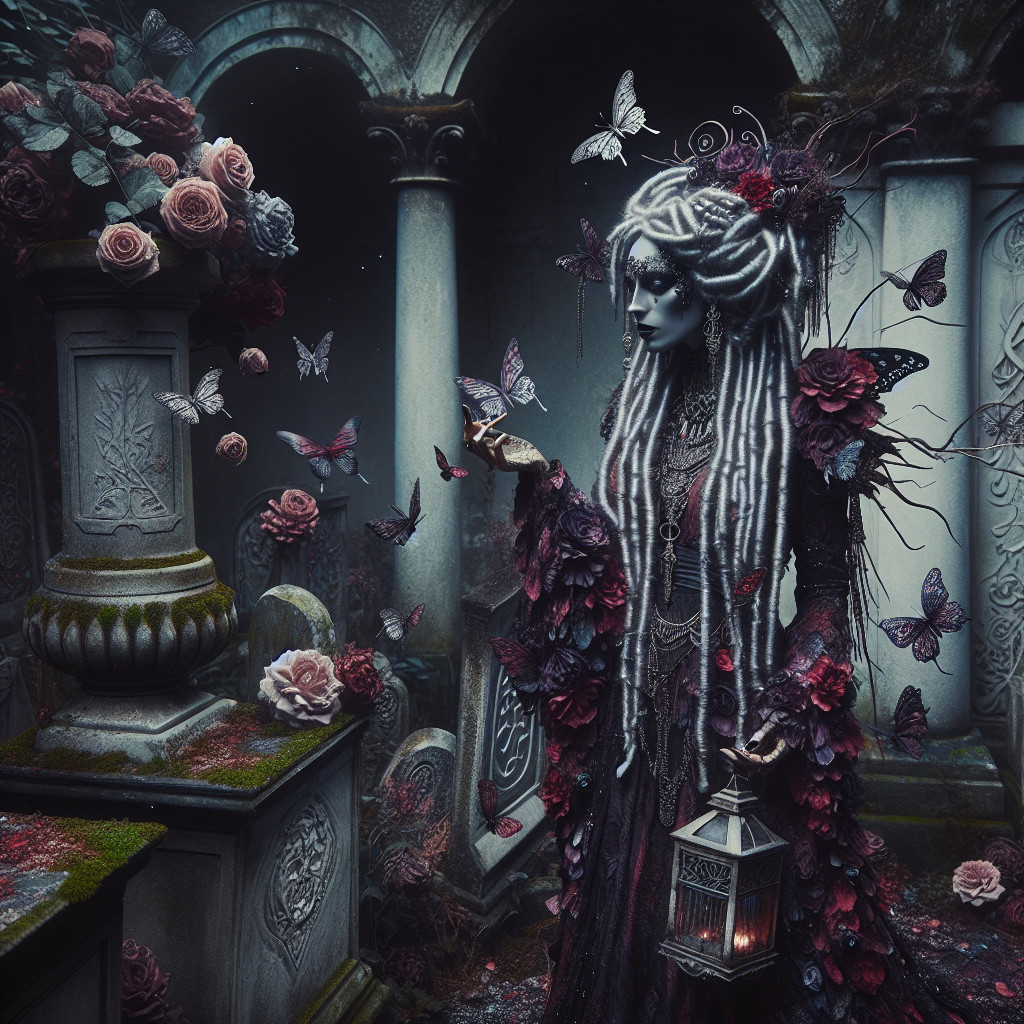 Haunting Graveyard Scene with Dark Figure and Butterflies
