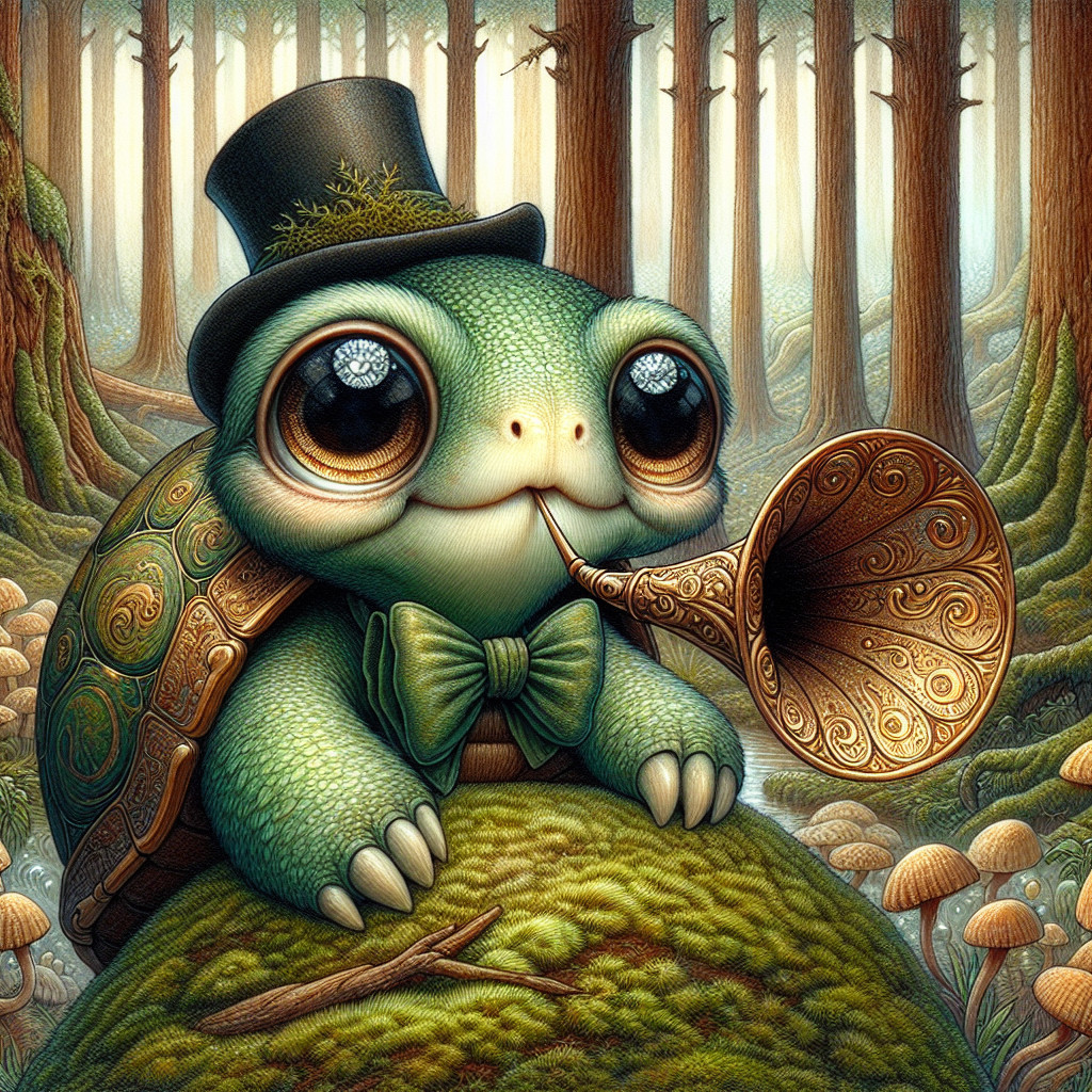 Whimsical turtle in top hat with trumpet in forest