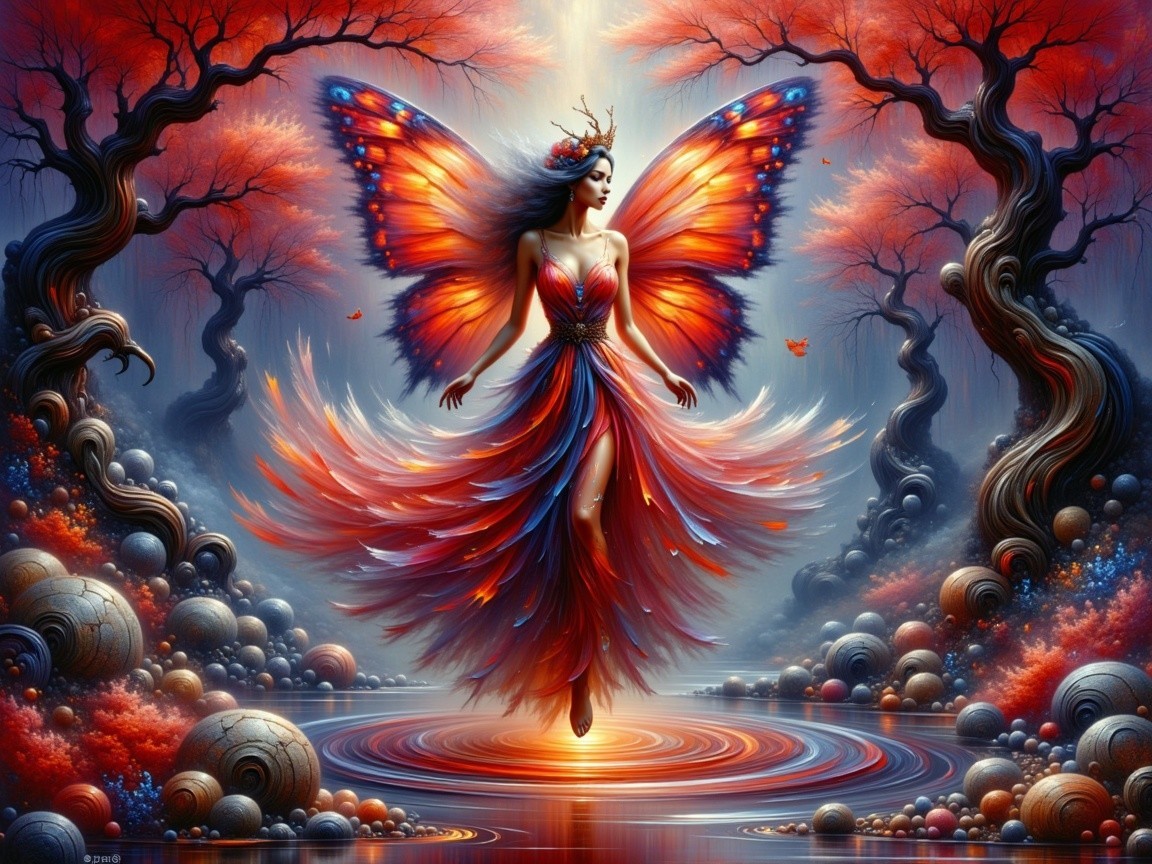 Figure with Butterfly Wings in Enchanted Landscape