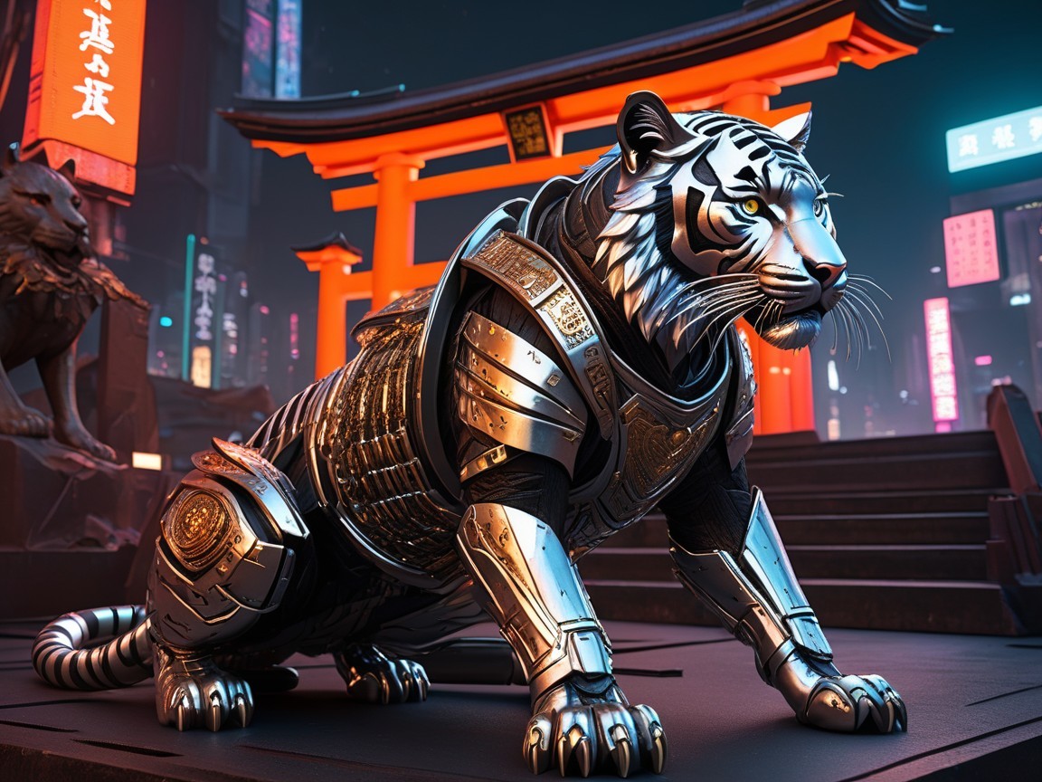 Futuristic Armored Tiger in Neon Urban Landscape