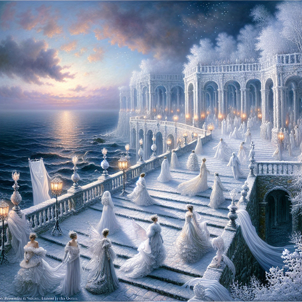Elegant figures in white gowns in a winter landscape