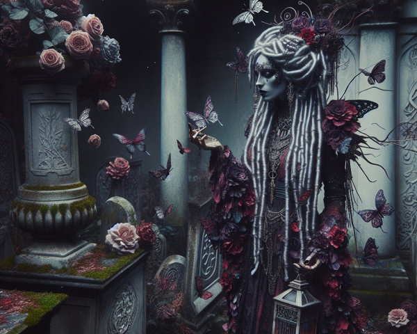 Haunting Graveyard Scene with Dark Figure and Butterflies