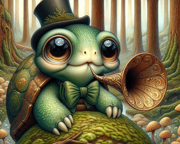 Whimsical turtle in top hat with trumpet in forest