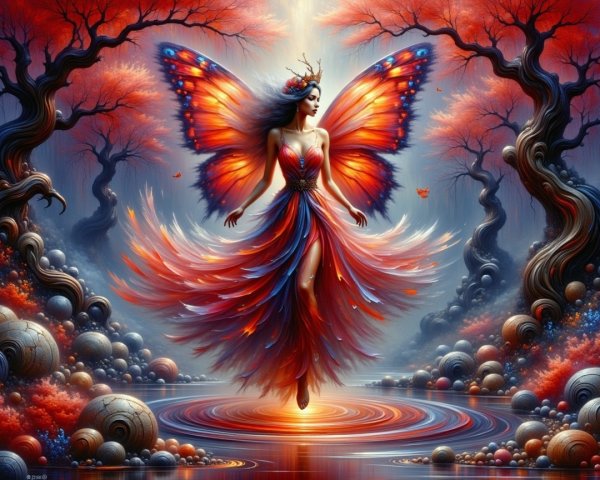 Figure with Butterfly Wings in Enchanted Landscape