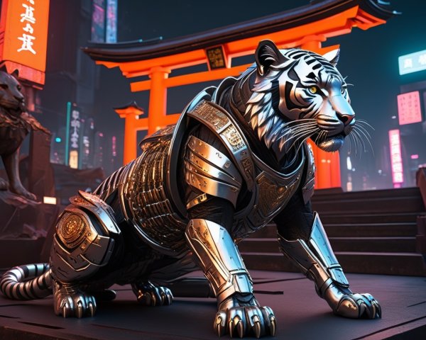 Futuristic Armored Tiger in Neon Urban Landscape