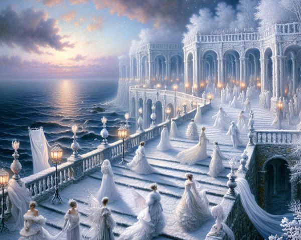 Elegant figures in white gowns in a winter landscape