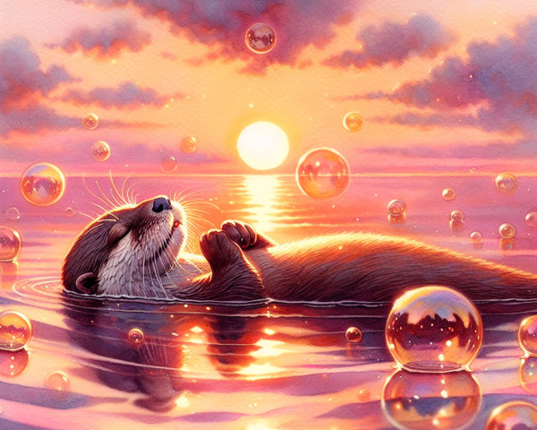Otter Floating in Tranquil Sea at Sunset