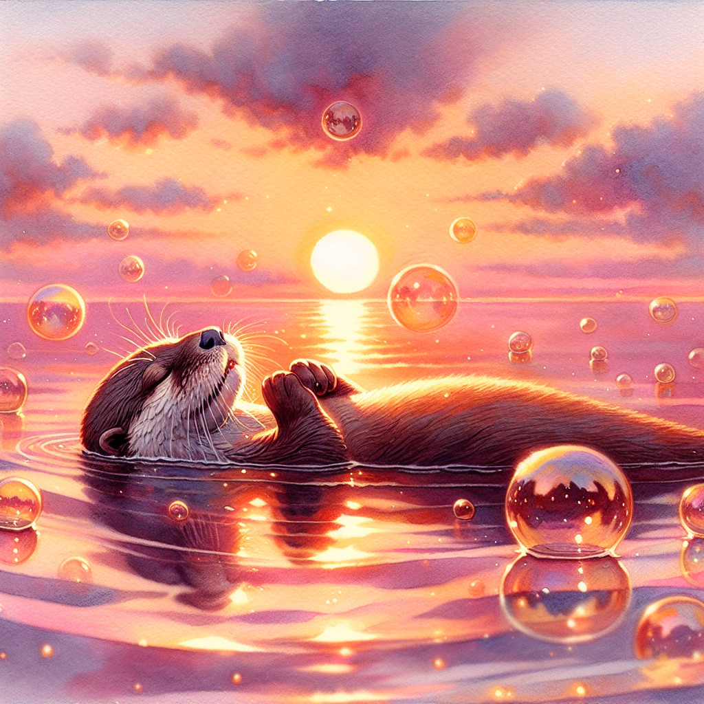 Otter Floating in Tranquil Sea at Sunset
