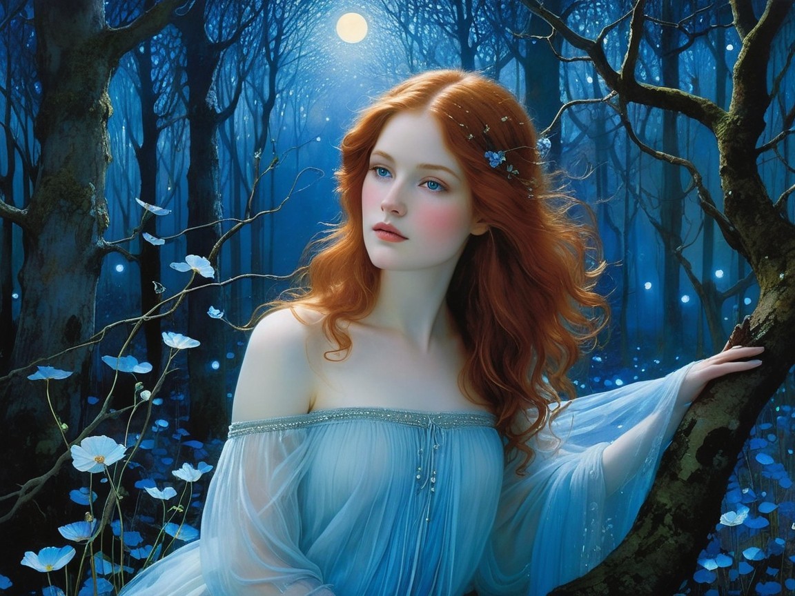 Moonlit Forest with Young Woman and Glowing Flowers