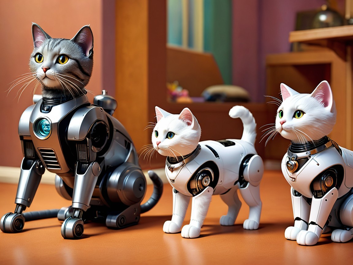 Robotic Cats in a Cozy Indoor Setting with Decor