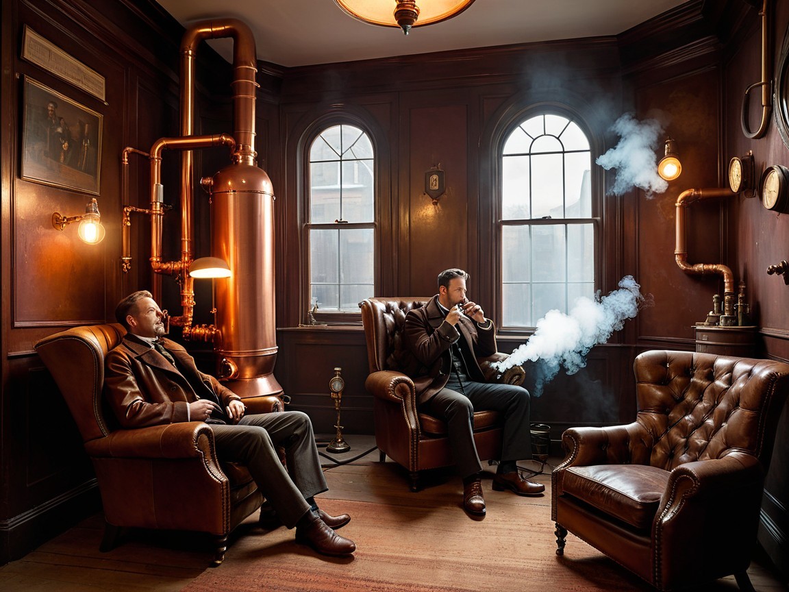 Steam-Punk Room with Leather Armchairs and Brass Decor