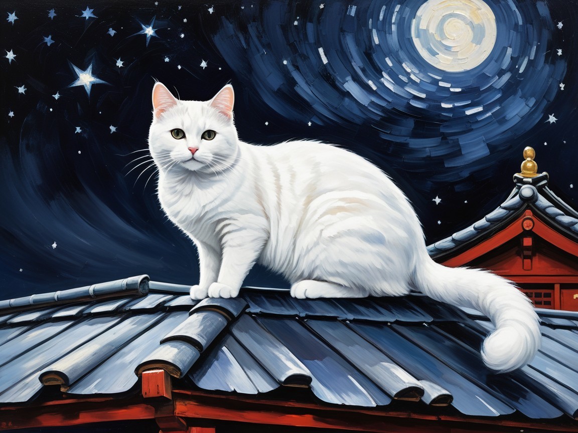 Majestic White Cat on Rooftop Under Starry Night