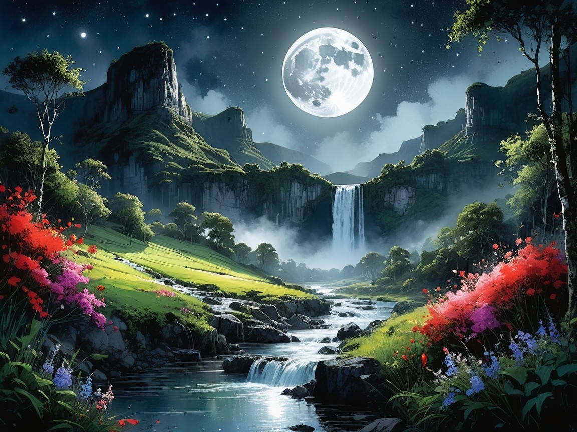 Serene landscape with full moon and vibrant flowers