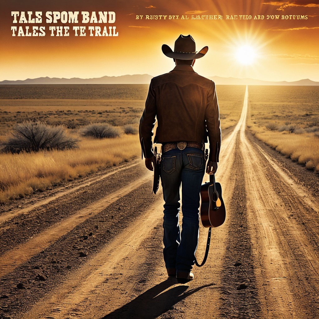 Lone Cowboy Walking on Empty Sunset Road with Guitar