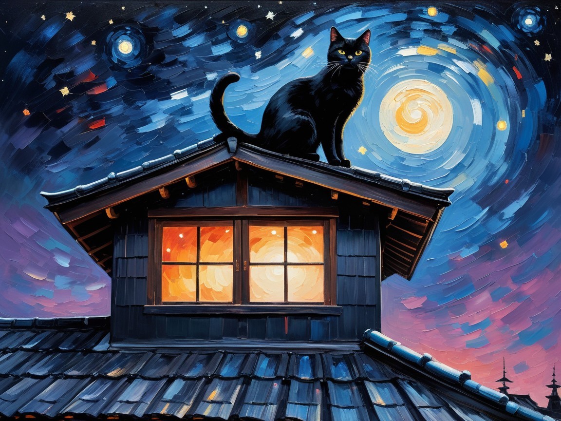 Black Cat on Rooftop Under Starry Night Sky