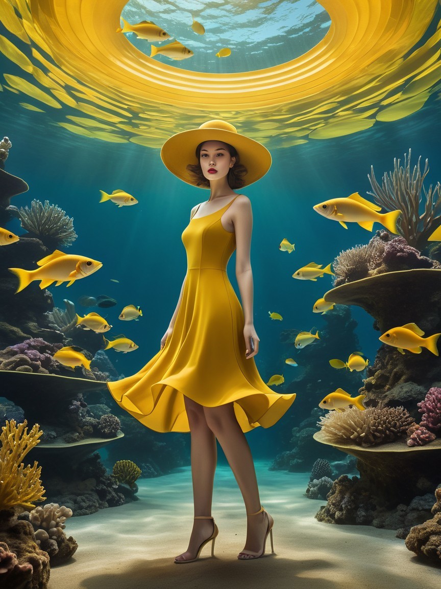 Underwater Scene with Graceful Figure and Coral