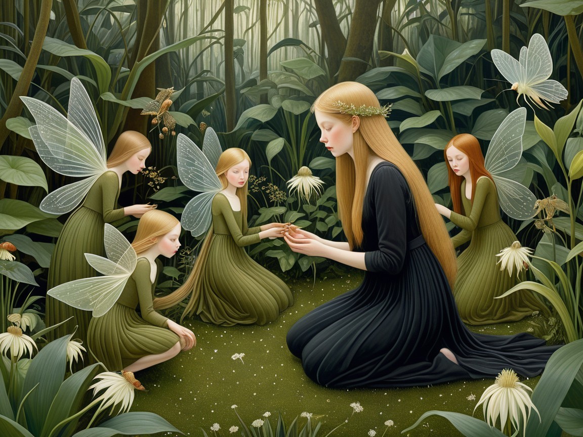 Serene Woman and Fairies in Enchanted Forest Scene