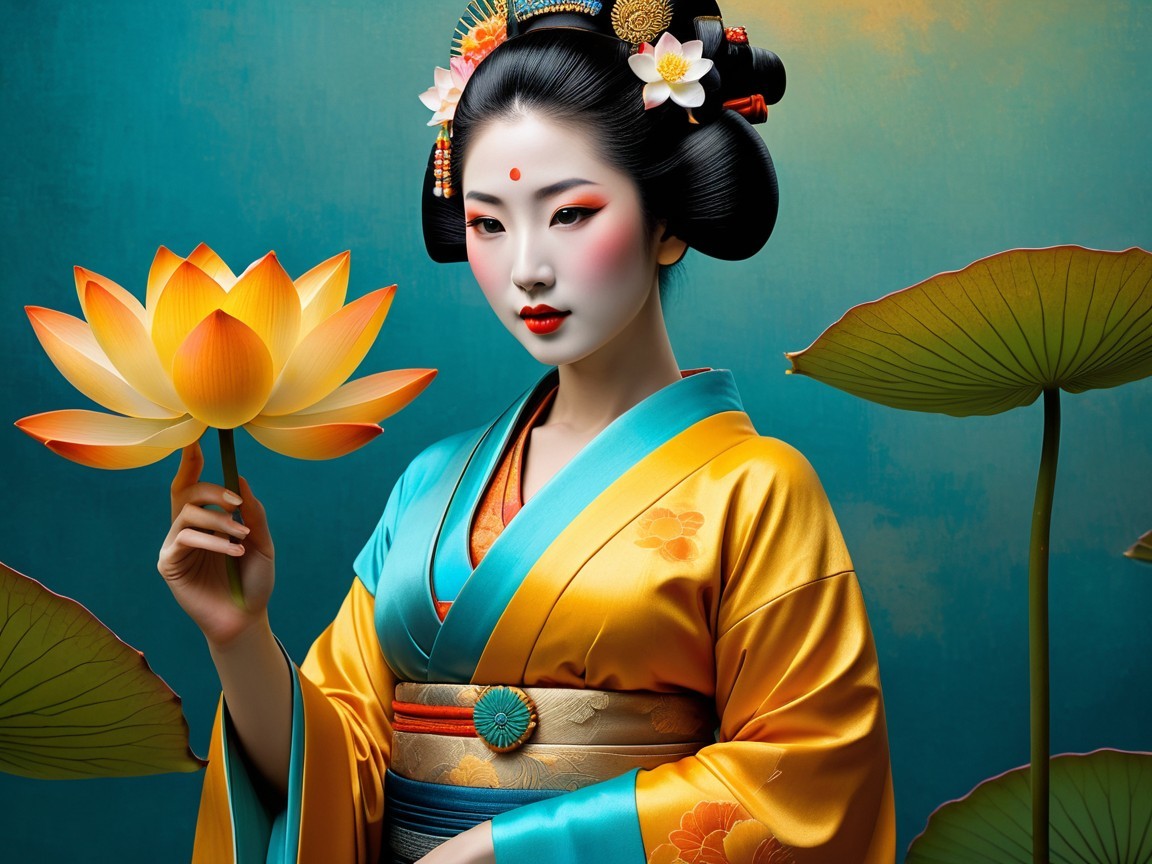 Serene Woman in Vibrant Kimono with Lotus Flower