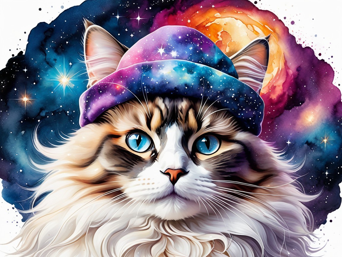Majestic Cat in Galaxy Beanie Against Cosmic Background