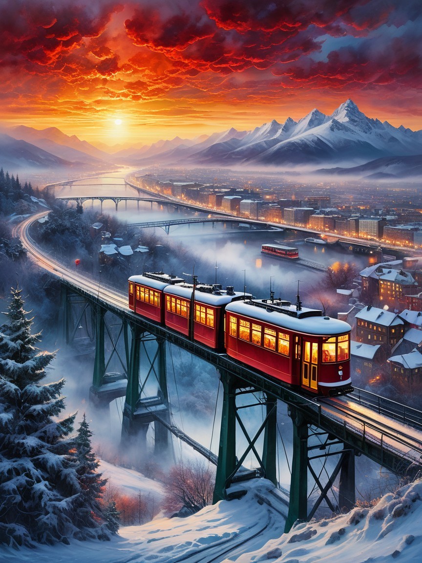 Vibrant Sunset Over Snowy Mountains and Scenic Tram