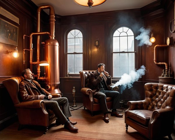 Steam-Punk Room with Leather Armchairs and Brass Decor