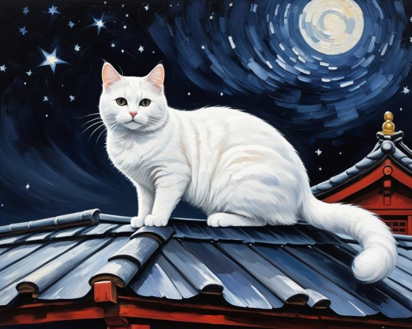 Majestic White Cat on Rooftop Under Starry Night