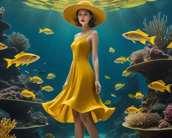 Underwater Scene with Graceful Figure and Coral