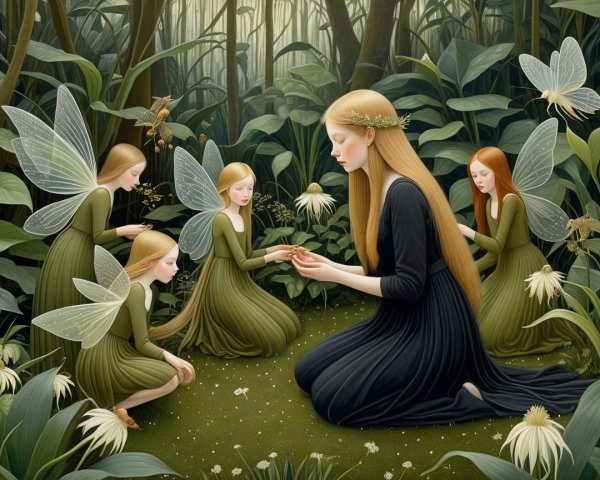 Serene Woman and Fairies in Enchanted Forest Scene