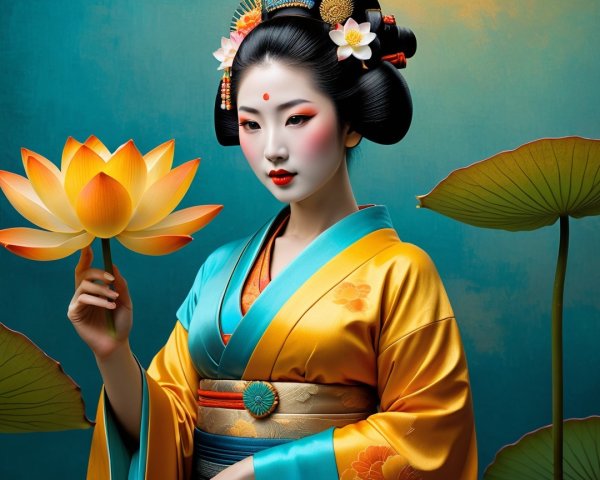 Serene Woman in Vibrant Kimono with Lotus Flower