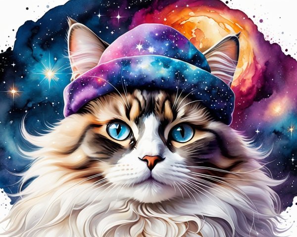 Majestic Cat in Galaxy Beanie Against Cosmic Background