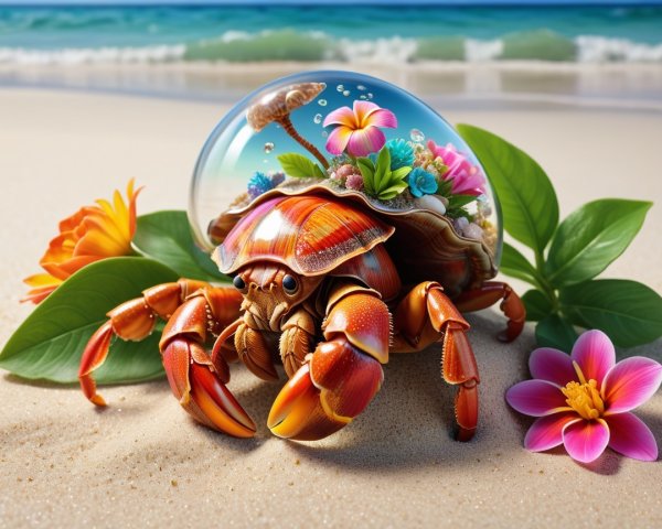 Colorful Hermit Crab on a Sandy Beach with Flowers