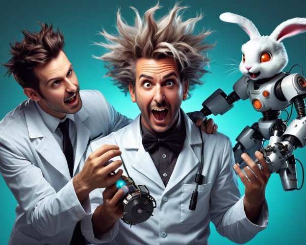 Eccentric Scientists with Robotic Rabbit in Lab Coats