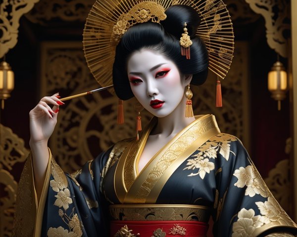 Traditional Kimono with Intricate Gold Patterns