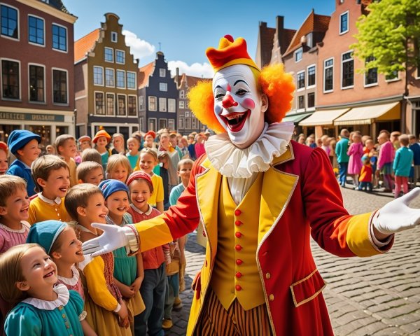 Clown Entertains Children in Colorful Town Square