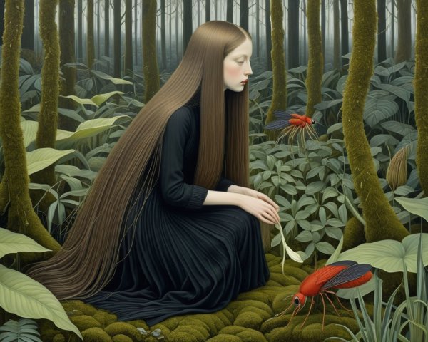 Young girl in black gown in a mystical forest setting