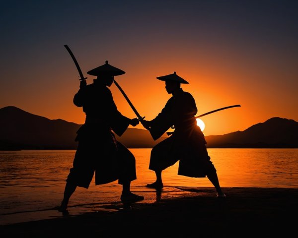 Silhouetted Samurai Duel at Sunset Over Water
