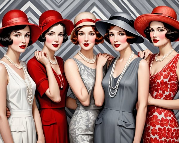 Elegant Women in Vintage Attire with Stylish Hats