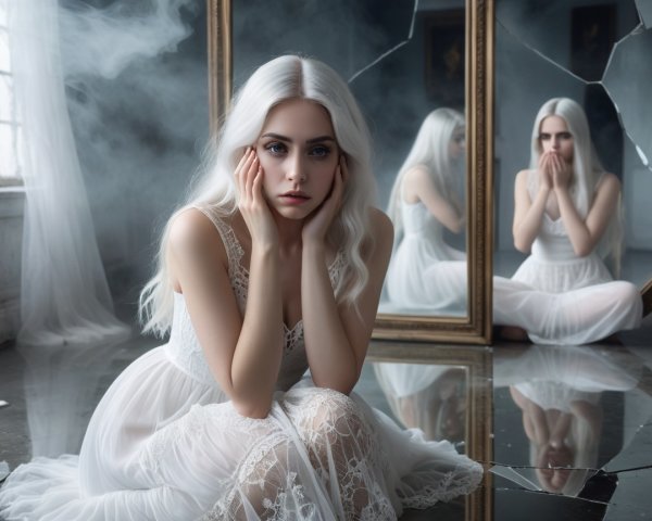 Young woman in white gown on reflective surface