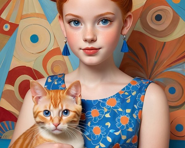 Young girl with red hair and orange tabby cat