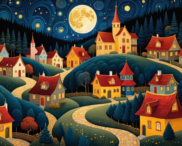 Charming Village Under a Full Moon at Night
