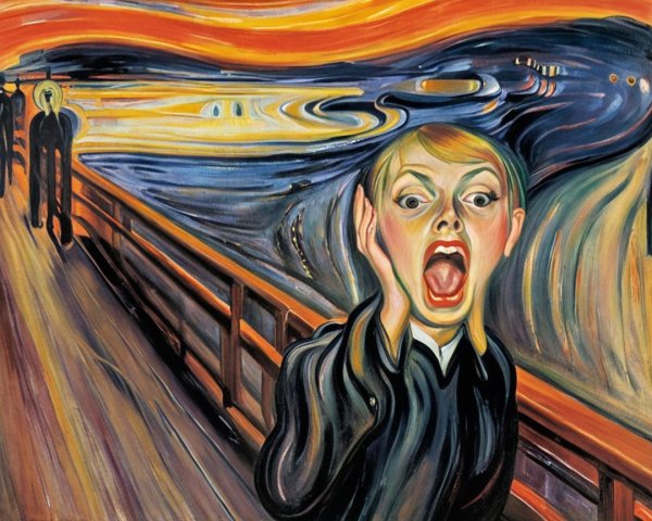Figure on a bridge expressing intense emotion and dread